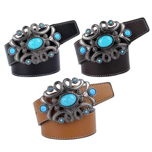 Cintos Bohemain Turquoise Buckle Leather Belt Cowboy Cowgirl Fashion