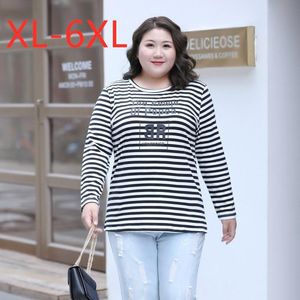 T-shirt da donna Ladies Spring Autumn Plus Size Domenne Abbigliamento per le cime a strisce bianche bianche di cotone a manica lunga grande