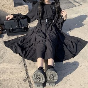 QWEEK Gothic Style Kleid Damen Harajuku Gothic Lolita Goth Kawaii Kleid Punk Niedlich Langarm Schwarz Midi Kleid Emo Oversize 220316