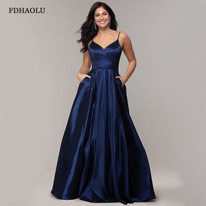 AE47 Vestido De Festa Navy Blue Long Prom Dresses Sexy V Neck Green Satin Evening Party Gown A-line 220429