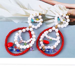 Boho Dames Dangle Oorbellen Hand kralen Crystal Pearl Rice Beads Mix en match Multi Layer Round Earrings