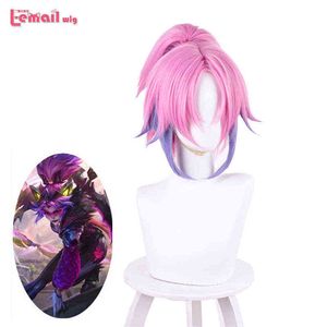 Peluca L-email de pelo sintético LOL Battle Bat Vayne, peluca de Cosplay de 40cm, cola de caballo corta con purle mezclado rosa, pelucas resistentes al calor 220505