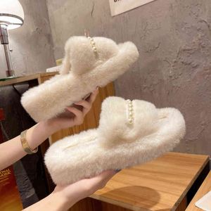 2022 Pearl Decoration Women Indoor Furry Open Toe Slippers Ladies Soft Plush Fluffy Faux Fur House Slides Winter Warm Shoes G220730