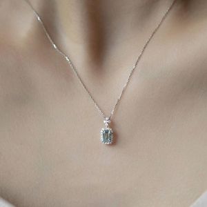 Pendant Necklaces Luxury Female Aqua Blue Necklace Charm Silver Color Chain Cute Square Zircon Stone Wedding For WomenPendant