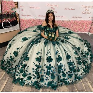 Verde Esmeralda Princesa Quinceanera Vestidos Flores 3D Miçangas Apliques com Cadarço Doce 15 16 Vestido de Formatura Vestido de Festa Xv Anos