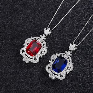 Pendant Necklaces Vintage Created Ruby Sapphire Gemstone Flower Pendent Necklace Micro Pave Cubic Zirconia Bridal Wedding Fine Jewelry GiftP