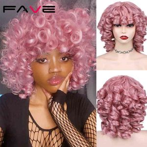 Fave Pink Curly Wigs Weave Loose Fluffy Wavy Short Blonde Curl Afro Synthetic Hair Natural Looking for Black White Women