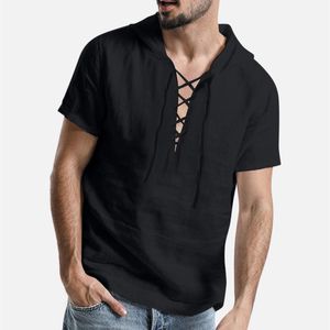 Camisetas masculinas masculas primavera e verão lazer linho de algodão vintage com capuz de tração camiseta camiseta de manga curta top top nmen's