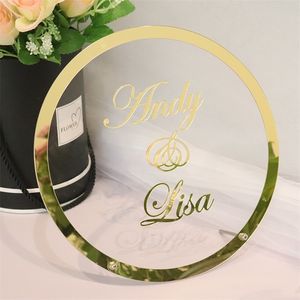 Nome de acrílico redondo personalizado Display para a decoração de festas de quadros de espelhos groomsonalizados para a noiva com os convidados favorecem o presente d220618