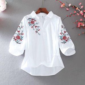 Women's Blouses & Shirts Blouse Women Summer Retro Style Loose Embroidery Lapel Half Sleeve Pullover Lantern High Waist Top Blusas Mujer De