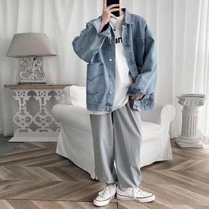 Erkek ceket bahar sonbahar harajuku denim kot ceket erkekler giyim uzun kollu mavi büyük boyutlu erkek moda Koreli gevşek kargo ceket adamları