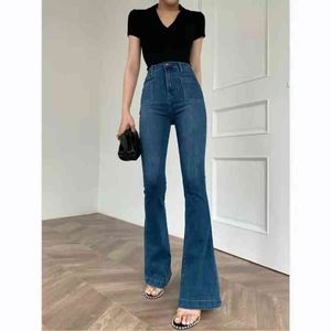Jeansy o wielkiej talii dla kobiet w stylu Vintage Slim Flare Denim Spodnie Lady Streetwear Casual Długie chude dżinsy T220728