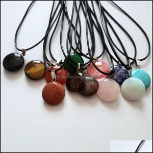 Pendant Necklaces Pendants Jewelry Wholesale 24Pcs/Lot Mixed Natural Stones Round Pendum Leather Chains Necklac Dhsxt
