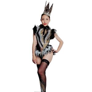 Stage Wear Sparkly Rhinestones Black White Feather Mesh Bodysuit Leggings Nightclub Women Performance Outfits Birthday Party WearStage