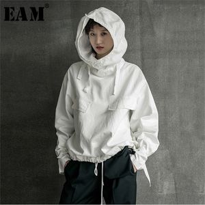 EAM Loose Fit Drawstring Spliced Sweatshirt New Hooded Long Sleeve Women Big Size Fashion Spring Autumn LJ201103