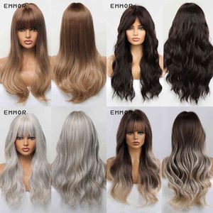 Emmor Synthetic Ombre Blonde Platinum Wigs for Women with Bangs Long Wavy Wig Party Daily Heat Resistant Fibre Hair 220622