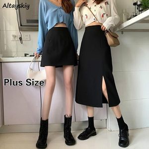 Czarne spódnice kobiety w połowie klatki A-line-line wysoki talia Koreański styl ol mecz przyjaciele Plus Size Streetwear Chic Female Bottom W220426