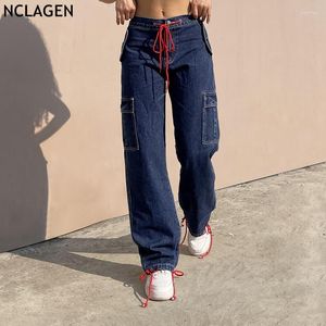 Women's Jeans NCLAGEN 2022 Fashion Multi Pockets Disco Women Streetwear Loose Casual Denim Trousers Vintage Aesthetic Drawstring