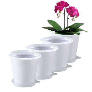 4 Pack Plastic Flower Pot Orchid Pots with Holes Indoor Herb Planter Succulent Pots with Drainage Saucer Trays H220423