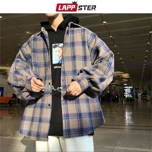 Lappster män hajuku färg block plaid shirt man streetwear fleece skjortor långärmad manlig vintage koreanska mode kläder 220401