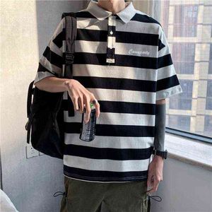 Korea Harajuku Fashion Men's Striped Prot Short-SleevedTシャツ日本のストリートウェアカップ