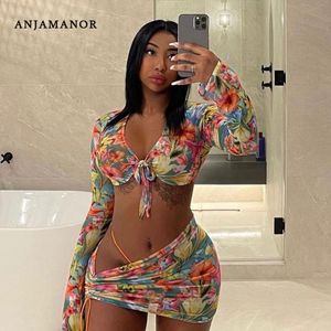 ANJAMANOR Sets mit floral bedrucktem Mesh-Sexy-Top und Röcken, Sommer-Urlaubs-Outfits, Rave-Party, Club-Kleidung, zweiteiliges Set D85CE11 220526