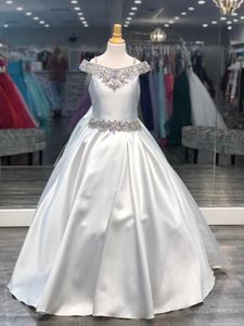 White Girl Pageant Dress 2022 Ballgown Beading Crystals AB Stones Satin Off-Shoulder little Kid Birthday Formal Party Gown Toddler Teens Preteen Floor-Length