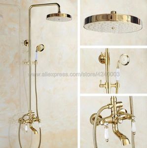 Badrumsduschuppsättningar solida mässing dubbelhandtag mixer tap tub swivel pip hand faucet guld polerad kgf375Bathroom