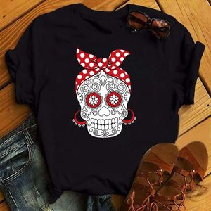 Women Harajuku Casual Tops Summer Skull Graphic Printed Black T-shirt Fashion Short Sleeve Tshirts Drop