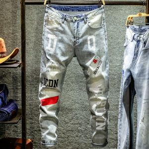 Niebieskie dżinsy spodnie dla mężczyzn 2022 marki uszkodzony niepokój o rozciągnięcie dżinsowych spodni raper
