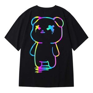 Oversize T Shirts Cartoon Bear Print Reflekterande Rainbow T Shirts Harajuku Streetwear Top Tees Bomull Casual Half Sleeve Kläder 220408