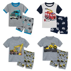 Kids Boys Girl Pajamas Set Toddler Fireman Loungewear Children Cartoon Excavator Fire Truck Sleepwear Summer 2PCS 220714