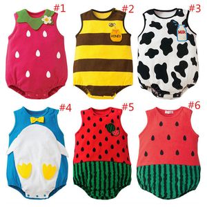 Nyfödda baby söt Rompers Watermelon Strawberry Bee Cow Design Triangle Briefs Jumpsuits Snap-up Romper One Piece Outfits PlaySuit Löstagbar