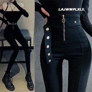 Sonbahar Bahar Siyah Taytlar Sıradan Elastik Yüksek Bel Streç Ayak Pantolonu Kadın Metal Düğmeleri İnce Kalem Pantolon 220701