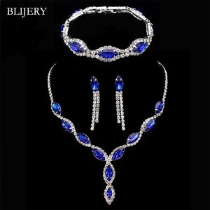 BLIJERY Elegant Royal Blue Crystal Wedding Jewelry Sets Rhinestones Long Tassel Necklace Earrings Bracelet Bridal Jewelry Sets 220808