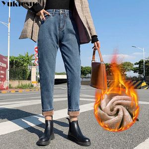 Warm Jeans woman Pants For Women Plus Size Winter Blue Solid Skinny Fleeces Thick Pencil with Velvet Denim Trousers 210608