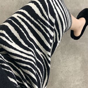 Zebra Stripe Women Midi Knitted Skirt Female High Waist Vintage Pleated Straight Animal Print Ladies 220322