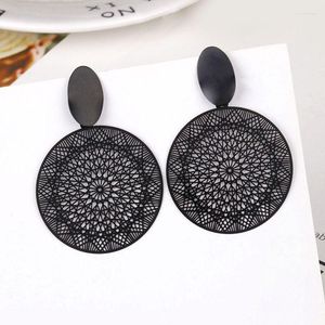 Dangle & Chandelier Big Black Round Statement Earrings For Women Geometric Hollow 2022 Europe Jewelry Exaggerated Metal Drop