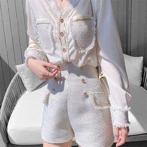 Korean Chic Vintage Tweed 2 Piece Sets Women Outfits Long Sleeve ChiffonTweed Shirt Top Shorts Sets Fashion Two Piece Pant Suits 220719