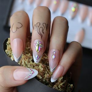 Luxury Crystal Cute Design Glitter v French Almond Fake Nails Nude Natural False Nails With Box Press On Nails 220725