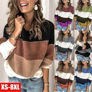 Kvinnors tröjor Lossa casual stickade tröjor Autumn Winter Striped Patchwork Knit Pullover Sweaters Topps Women Clothing 201128