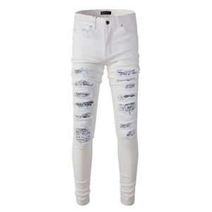 Мужские джинсы пэтчворки Пейсли Принт Джин Хомбер Патч -Байкер Уличная одежда разорванные джинсовые брюки белые растягивающие мужчины скинни конические брюки