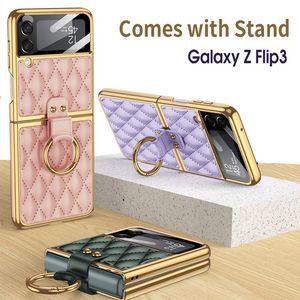 Capa de telefone de luxo para Samsung Z Flip3 Mobile Creative Shell Film Electroplated Leather Ring Holder Casos de capa completa