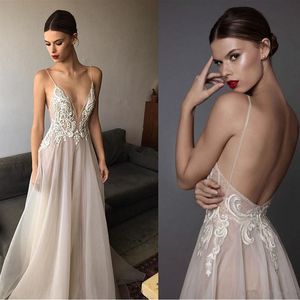 Sexy Ivory Berta Evening Dresses Deep V Neck Spaghetti Straps Embroidered Chiffon Backless Summer Illusion Long Prom Dresses