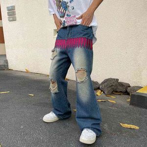 Frayed Hole Pink Nail Embroidery Retro Mens Jeans High Street Wash Kne Cut Hip Hop Baggy Denim Trousers Overdimensionerade Jean Pants T220803