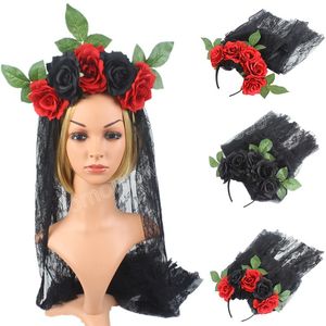 Kvinnor Halloween Artificial Rose Flower Headband med Black Lace Crown Cosplay Hair Hoop