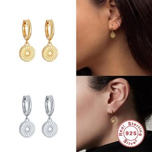 Dangle & Chandelier Aide 925 Sterling Silver Drop Earrings With Sunlight Pattern Round Disc Circle Charm Pendant Earring For Women JewelryDa
