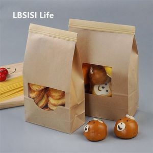 LBSISI Life 50pcs Kraft Paper With Transparent Window Breakfast Bread Bags Curling Wire Sealing Baking Package Bags Avoid Oil 201015