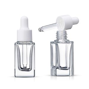 Frasco conta-gotas de vidro quadrado transparente para perfume, frasco de óleo essencial 15 ml com tampa branca/preta/dourada/prateada