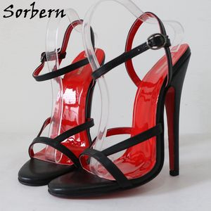 Sorbern 16cm stilettos högklackande sandal tunna band slingback svart och rött äkta läder sexig sissy tjej sko anpassad färg